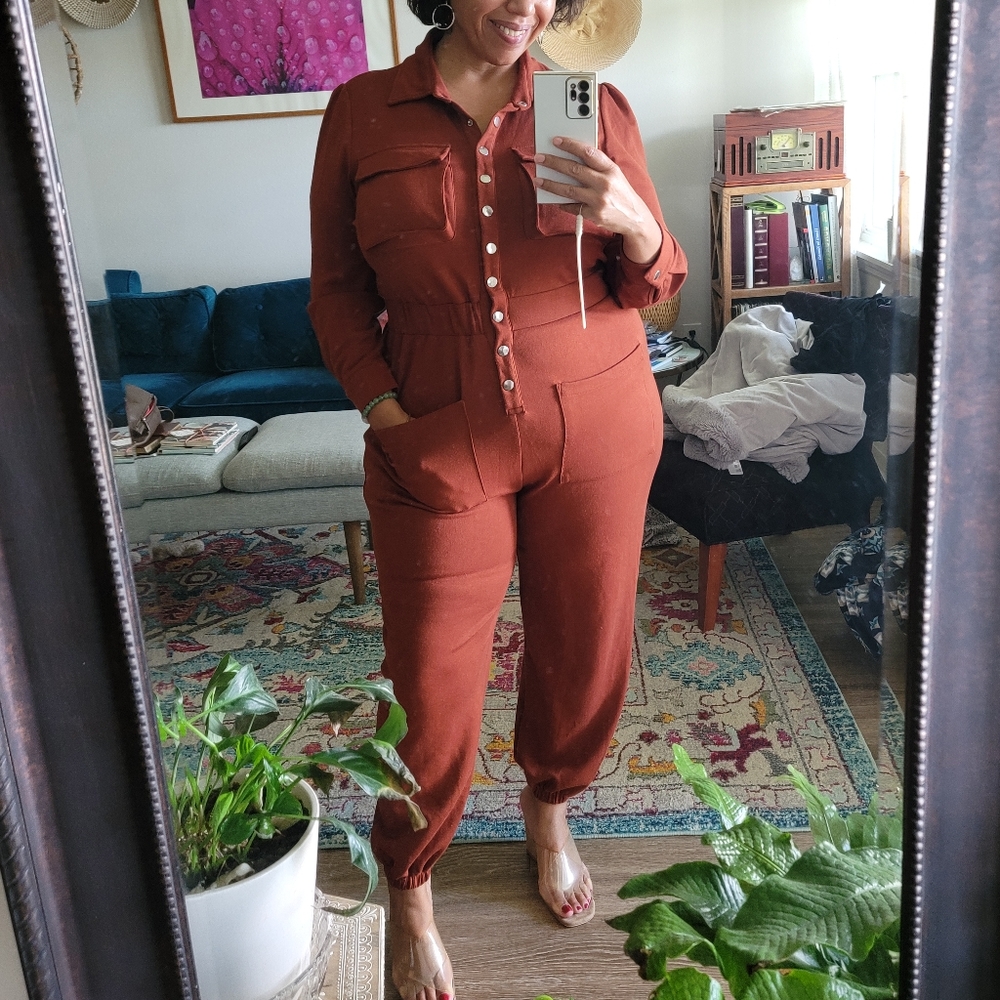 1X Rebdolls Rust Button-Front Jumpsuit